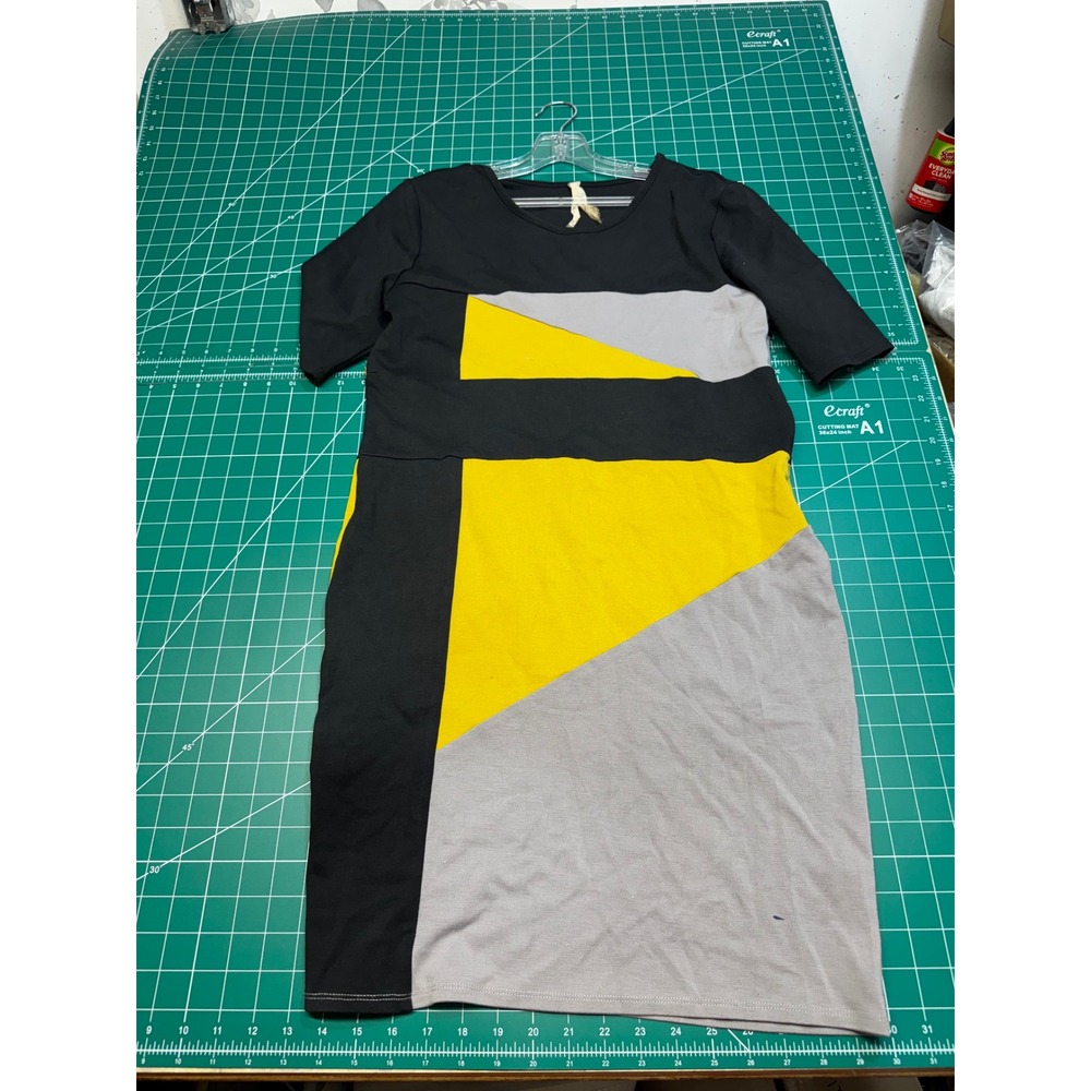 Mytree Womens Geometric Colorblock Sheath Dress Black Yellow Grey Size L Short